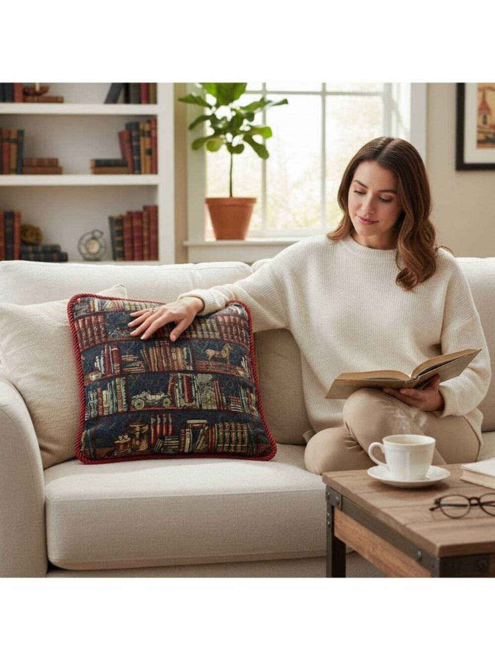 Braided Edge Tapestry Book Shelf Square Pillow Cover